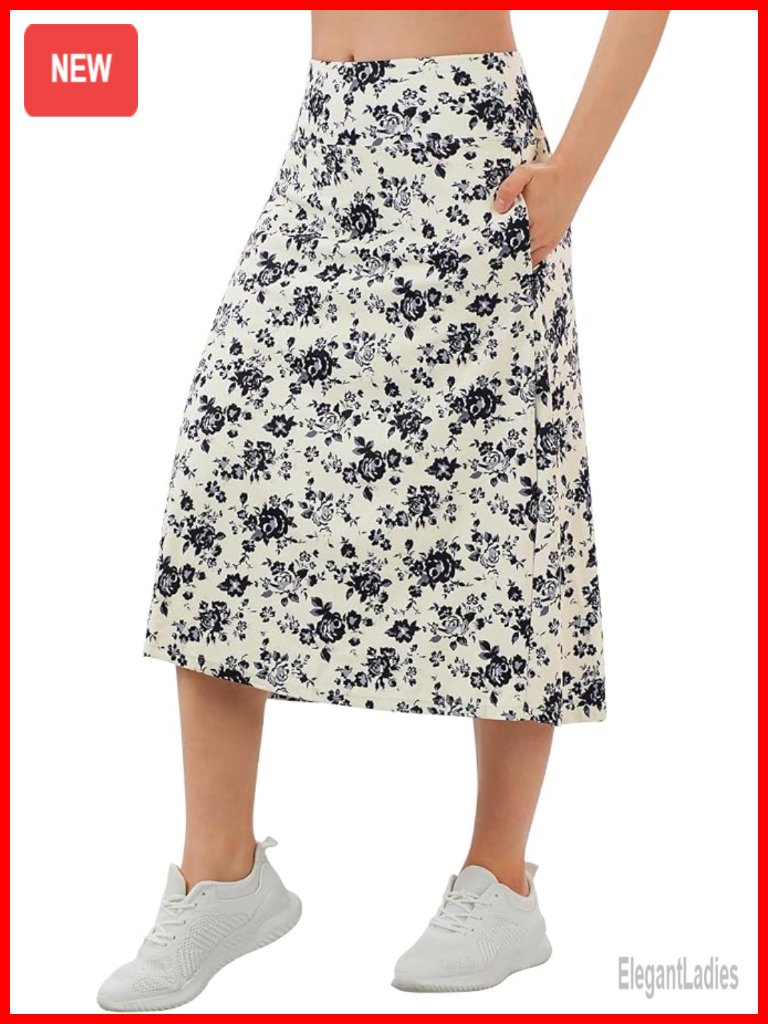 28" Long Skort With Pockets High Waisted 2 In 1 Skirt With Shorts Underneath